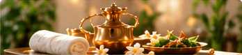 Koperen olieschaal, opgerolde handdoek en bloemen voor een Ayurvedische behandeling